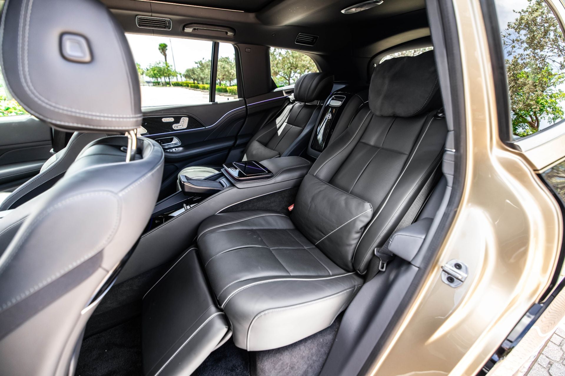 Mercedes Maybach GLS600 interior with black leather seats and kalahari gold door panel.