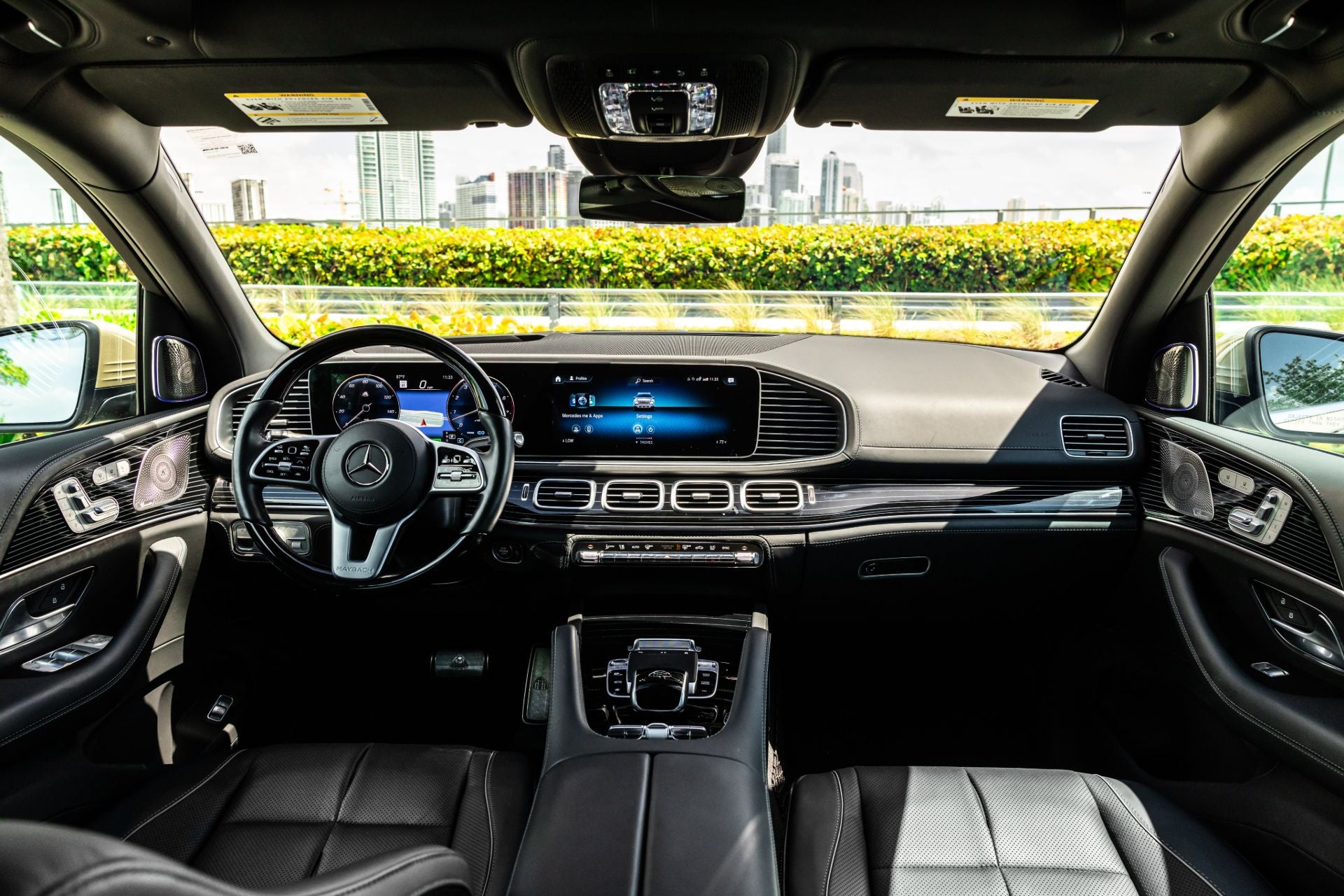 Mercedes Maybach GLS600 interior with dashboard and steering wheel in a vehicle.